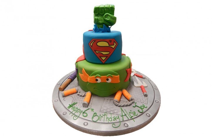 Turtles, Hulk & Superman Tiered Cake
