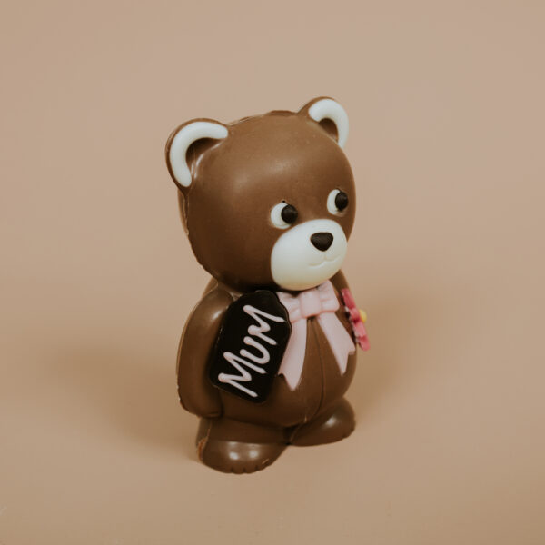 Milk chocolate teddy with "Mum" tag